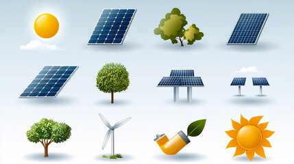 Leinwandbilder - Collection of icons and symbols related to solar energy and renewable power infrastructure including of solar panels power grids and clean energy technologies