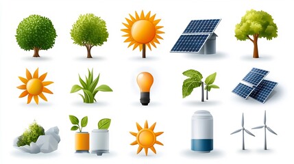 Poster - Set of 15 linear icons related to solar energy conversion renewable power green infrastructure  The icons feature symbols for sunlight solar panels photovoltaic cells electricity