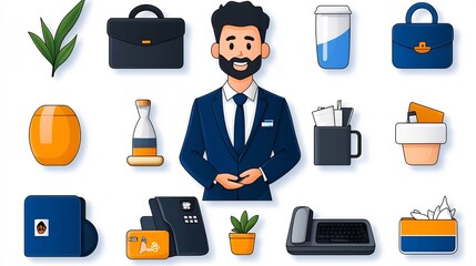 Aufkleber - featuring a series of 15 outline icons depicting various receptionist activities guest services and customer assistance at a reception desk in a modern minimalist style