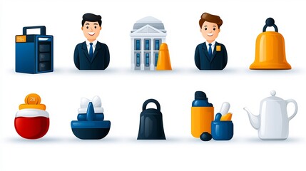 Aufkleber - Collection of 15 minimalist icons representing reception staff client interactions hotel bells and assistance services  Simple graphic design symbols for hospitality commerce
