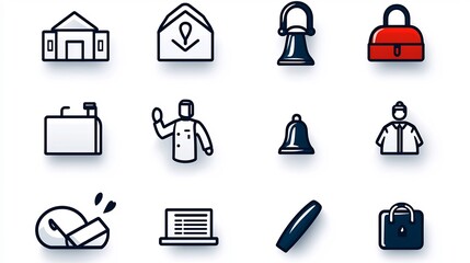 Poster - Collection of 15 simple linear icons representing reception staff client interactions hotel bells and various assistance services for the hospitality industry
