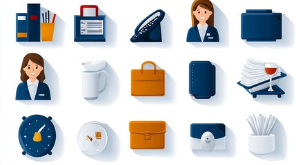Aufkleber - Set of clean and simple outline icons related to hotel reception management staff roles and service counters for use in hospitality and tourism industry applications websites and infographics