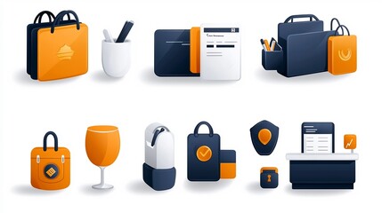 Fototapete - Stylized Outline Icons Depicting Various Elements of Customer Service Client Interaction Reservation Systems and Information Desk Functions in a Clean Modern Style