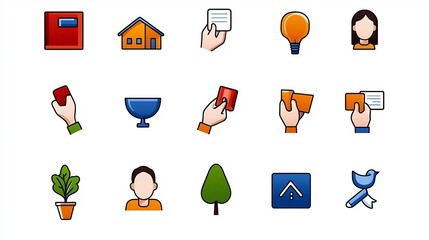 Aufkleber - Collection of 15 minimalist style outline icons showcasing various community organization and member related concepts in a simple clean design