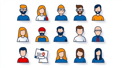 Poster - Clean design of a set of 15 thin line icons depicting various people related themes such as participants groups and teams working together in a corporate or business setting