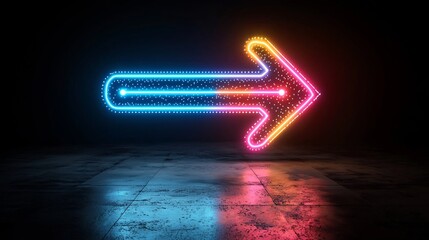 Aufkleber - Upward pointing glowing neon arrow with vibrant luminous colors radiating a sense of dynamic energy and captivating motion against a sleek minimalist black background