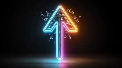 Poster - Upward glowing arrow with vibrant neon colors radiating energy and motion against a solid black background  Sleek modern and eye catching design element that symbolizes potential progress and