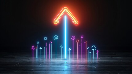 Fototapete - Glowing Luminous Neon Beam Forming an Upward Pointing Arrow Emanating Dynamic and Powerful Energy on a Sleek Minimalist Black Background
