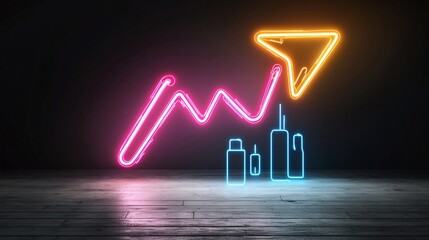 Aufkleber - Striking and luminous neon beam forming an upward pointing arrow emanating a sense of dynamic energy and forward momentum against a sleek black background
