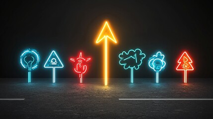 Aufkleber - Neon colored arrow rising with dynamic energy glowing brightly against a bold black background  This abstract futuristic design symbolizes progress innovation and the power of transformation