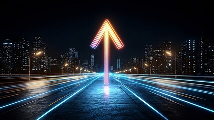 Aufkleber - Radiant glowing arrow pointing upward shining with bright vibrant colors and symbolizing velocity energy and dynamic movement against a sleek black canvas background  Concept of innovation