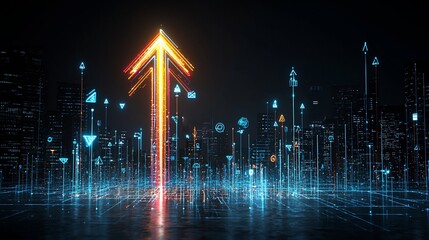 Aufkleber - Brightly glowing arrow made of colorful beams pointing upward and conveying a sense of fast motion and dynamism on a deep black background  The image evokes a feeling of energy power
