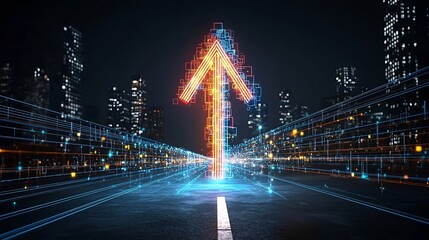 Aufkleber - Striking image of a brightly glowing colorful arrow made of radiant beams pointing upward and conveying a sense of fast motion and dynamic energy against a deep black background