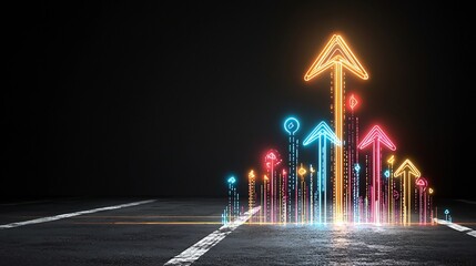 Poster - A visually stunning digital depicting a colorful glowing arrow formed by dynamic beams of light rapidly moving upward against a bold dark background