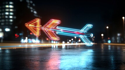 Fototapete - Ascending and dynamic glowing arrow made of vibrant luminous beams that are shining brightly against a pure black background creating a futuristic and energetic digital abstract design