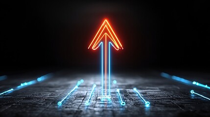 Poster - Vibrant Futuristic Neon Arrow Glowing with Energetic Light Streaks Pointing Upward on a Dark Backdrop Symbolizing Innovation Progress and Vision for the Future
