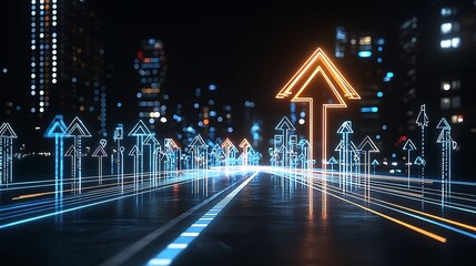 Poster - Dramatic and Powerful Upward Glowing Arrow Surging Through Vivid Luminous Hues Against a Sleek Black Background Symbolizing Growth Progress and Opportunity