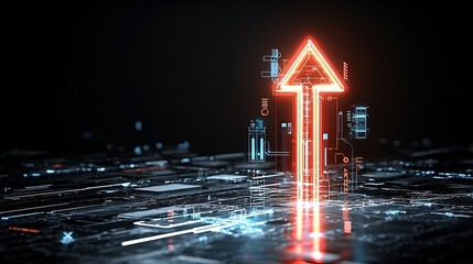 Fototapete - Glowing futuristic arrow streaked with neon light dynamically pointing upward on a sleek dark backdrop symbolizing progress potential and forward momentum