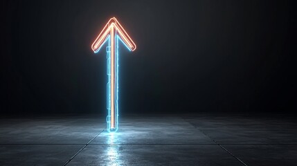 Fototapete - Futuristic neon arrow pointing energetically upward surrounded by glowing light streaks against a dark dramatic background  This digital image symbolizes innovation progress