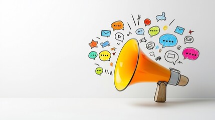 Poster - Vibrant 3D rendered megaphone with radiant speech bubbles bursting outward showcasing innovative social media marketing ideas and concepts on a sleek white background
