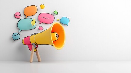 Poster - Vibrant megaphone projecting colorful speech bubbles symbolizing powerful communication and branding against a clean neutral background  Concept of amplifying messaging public outreach