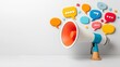 © Srinard - Dynamic megaphone projecting vibrant speech bubbles symbolizing the power of communication branding and messaging against a clean neutral background
