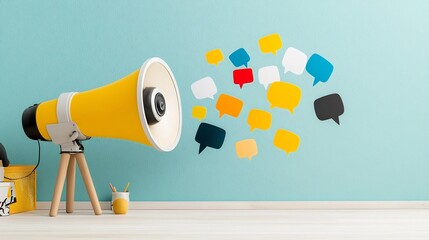 Poster - Energetic megaphone releasing a burst of bold vibrant speech bubbles that stand out vividly against a minimalistic modern background  This dynamic