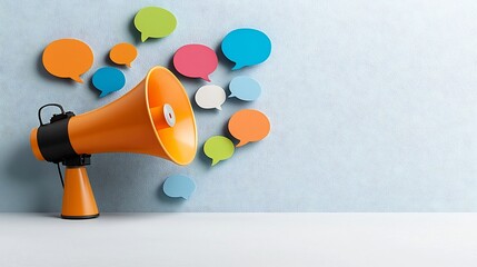Poster - Dynamic megaphone icon and multicolored speech bubbles arranged in a clean modern layout visually representing messaging and communication for digital advertising and marketing campaigns