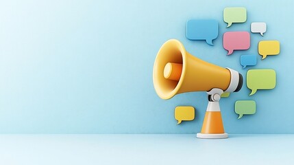Poster - Brightly illustrated megaphone with bold colorful speech bubbles on a crisp minimal background for advertising and marketing concept imagery