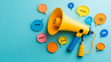 Poster - Colorful and dynamic image featuring a megaphone surrounded by speech bubbles symbolizing the power of messaging digital outreach and effective communication in marketing and advertising campaigns