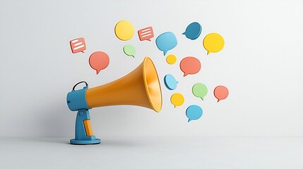 Leinwandbilder - Vibrant and dynamic megaphone releasing a burst of colorful speech bubbles highlighting creative marketing ideas and concepts on a clean bright canvas background