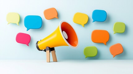 Poster - megaphone surrounded by bold vibrant colored floating speech bubbles representing the power of social media outreach and digital communication for marketing advertising and community engagement