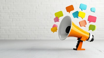 Poster - Sleek modern digital megaphone with vibrant multicolored floating speech bubbles visually representing creative marketing messaging and advertising campaign ideas