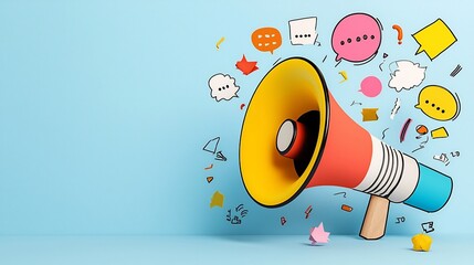 Poster - representation of a vibrant colorful megaphone surrounded by dynamic speech bubbles symbolizing the power of modern advertising digital marketing and effective communication strategies