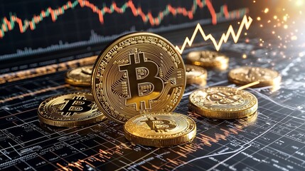 Aufkleber - Thriving Bitcoin Investment Insights Cryptocurrency Digital Currency Fueling Financial Growth with Upward Momentum and Vibrant Visualizations on a Dark Background