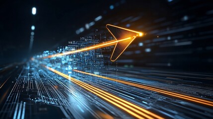 Leinwandbilder - Shining arrow pointing into the future with glowing streaks over a futuristic digital currency background symbolizing the potential growth