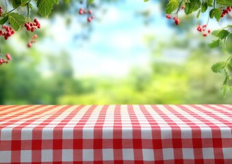 red and white checkered tablecloth with blurred green and blue background for picnic display
