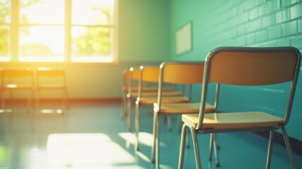 Sticker - Soft sunlight fills an empty classroom where chairs are arranged, creating a peaceful atmosphere for learning