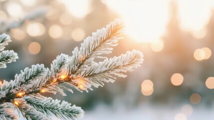 Wall Mural - A frosted pine branch is illuminated by holiday lights, creating a warm glow against a snowy backdrop in the afternoon