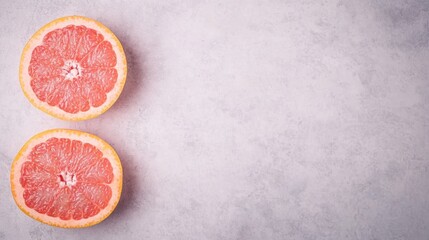 Sticker - Halves of fresh pink grapefruit are elegantly placed on a minimalist tabletop, suggesting a healthy and refreshing snack option