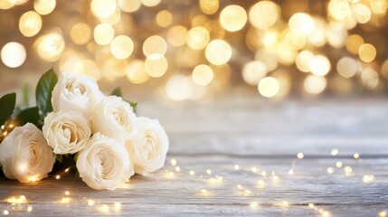 Wall Mural - White roses beautifully complemented by warm fairy lights create an inviting and romantic decoration for any celebration