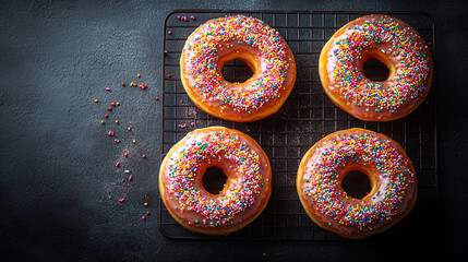 Wall Mural - Juicy delicious appetizing donuts with sprinkles