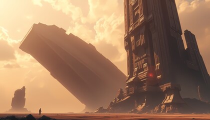 A lone figure stands in a desolate landscape, dwarfed by two colossal, leaning towers.