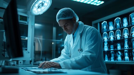 Aufkleber - A doctor is working on a computer in a hospital room with a large number of X-ra