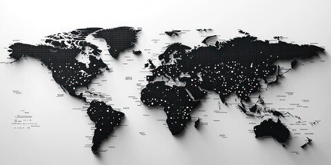 A Black And White Gridded World Map Shows Cities