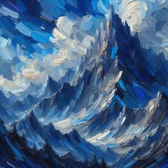Poster - thick impasto strokes of cobalt blue rise like the rough rocky s