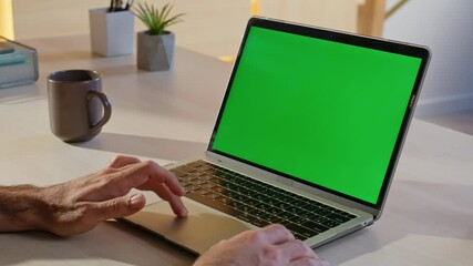 Wall Mural - Employee surfing internet green screen laptop in company office closeup. 