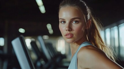 Wall Mural - A woman is posing in a gym with her hair in a ponytail