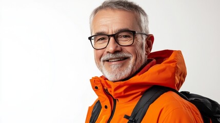 Poster - A man wearing an orange jacket and glasses is smiling