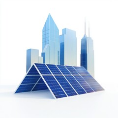 A modern solar panel setup in front of a city skyline, representing renewable energy and sustainable urban development.